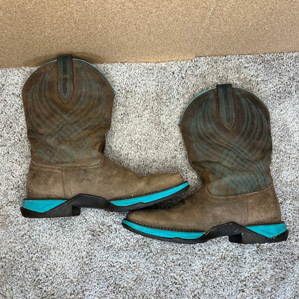 Ariat Womens Leather Boots Western Turquoise Stitch Square Toe Brown 8B
